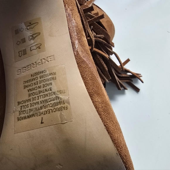 Express Boho Suede Fringe Peep Toe Brown Boots 7 - Picture 5 of 9